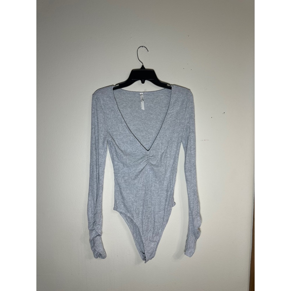 Free People Light Gray Ribbed Long Sleeve V-Neck Bodysuit